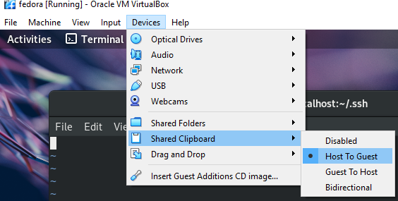 VirtualBox Shared Clipboard menu